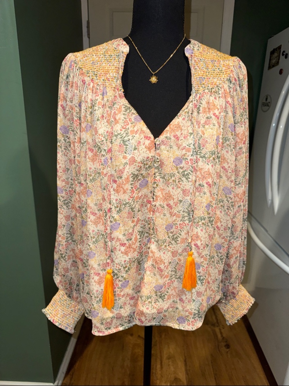 NWOT boutique brand Sage + Fig Floral Tassel Peasant Blouse in Cream and Pastel